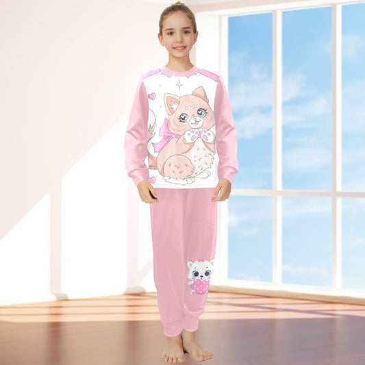 Cute Cat Girl Neck Long Pajama Set