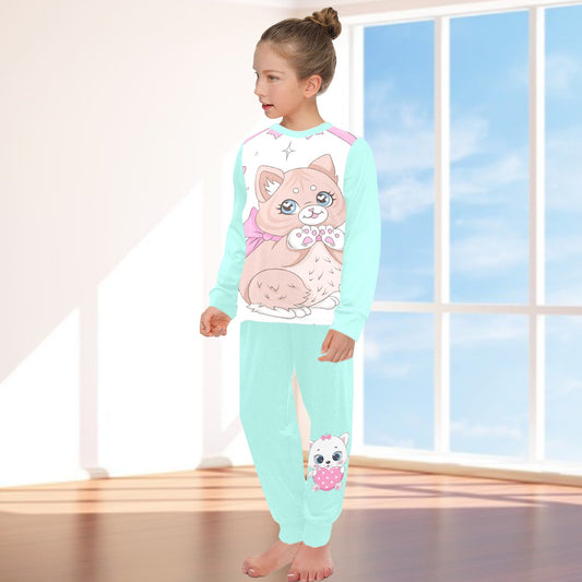 Cute Cat Girl Neck Long Pajama Set