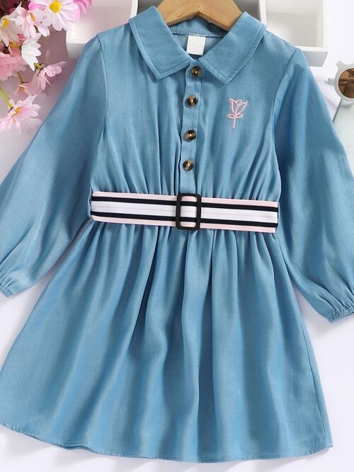 Sky Blue Half Button Long Sleeve Dress